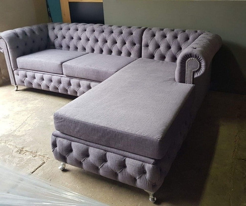 Sillón Esquinero Chesterfield Capitone Tres Cuerpos Lino Antidesgarros