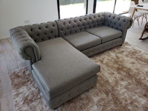 Sillón Esquinero Chesterfield Capitone Tres Cuerpos Lino Antidesgarros