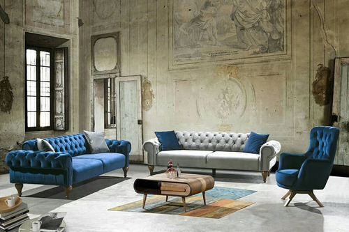 Sillón Moderno Vintage Capitoné Agnes 3 Cuerpos Pana Antimancha