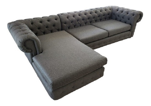 Sillón Esquinero Chesterfield Capitone Tres Cuerpos Lino Antidesgarros