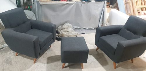 Combo Nórdico Vintage Aron 2 Sillones 1 Cuerpo + 2 Banquetas Lino Antidesgarros