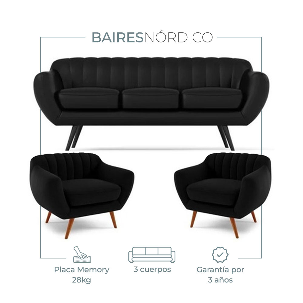 Combo Living Nórdico Daven Acanalado Sillon 3 Cuerpos + 2 Sillones 1 Cuerpo Pana Antimancha
