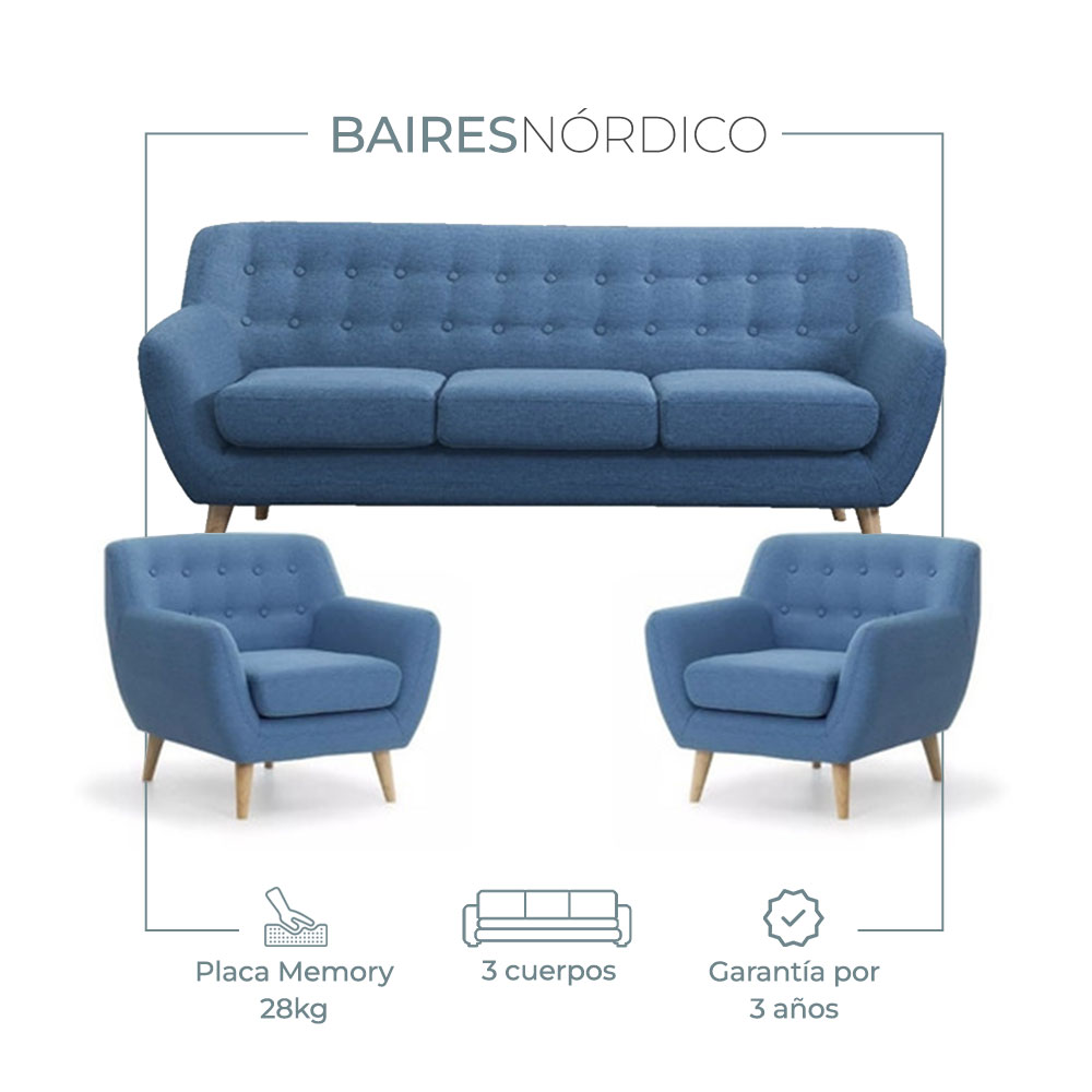 Combo Nórdico Sillón 3 Cuerpos + 2 Sillones De Un Cuerpo Lino Antidesgarros
